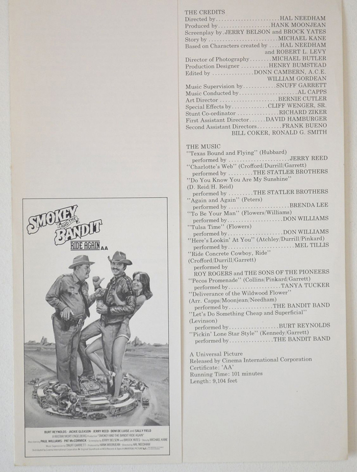Smokey And The Bandit Ride Again <p><i> Original Cinema Synopsis / Credits Sheet + Advertising Blocks Sheet </i></p> 