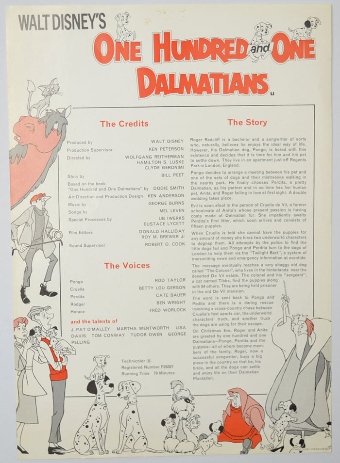 One Hundred And One Dalmatians (1976 re-release) <p><i> Original Cinema Exhibitor's Press Synopsis / Credits Sheet </i></p>