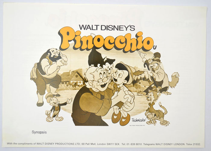 Pinocchio (1978 re-release)  <p><i> Original Cinema Exhibitor's Press Synopsis / Credits Sheet </i></p>
