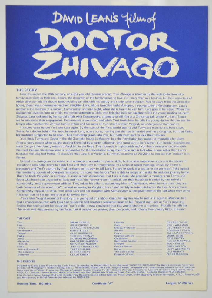 Doctor Zhivago <p><i> Original Cinema Exhibitor's Press Synopsis / Credits Sheet </i></p>
