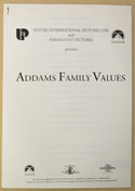 ADDAMS FAMILY VALUES Original Cinema Press Kit – Production Info