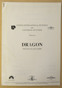 DRAGON : THE BRUCE LEE STORY Original Cinema Press Kit – Production Info